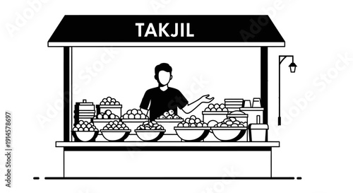 Man selling traditional Takjil food and drinks at a street stall for breaking fast, isolated white background.