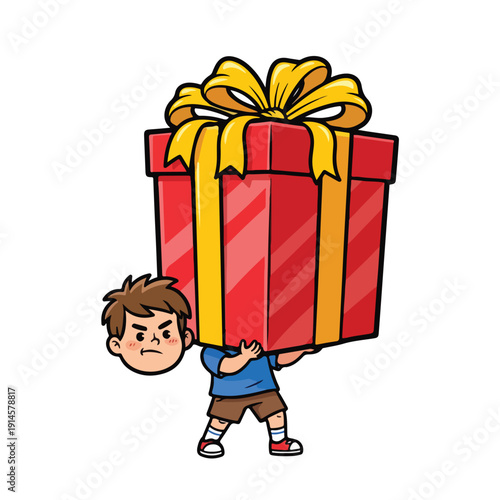 Boy struggling to carry large red gift box with yellow ribbon