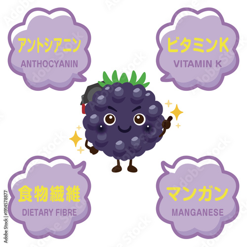 ブラックベリーのキャラクターとブラックベリーに含まれる成分イラスト／Cute Blackberry Character Illustration with Nutrients