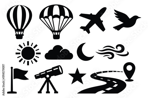 Simple silhouette exploration icon set featuring hot air balloons, airplane, weather, and navigation symbols for travel and discovery