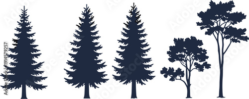 Silhouette vector illustration of diverse tree types, natural outdoor landscape artwork, decorative woodland background featuring coniferous, deciduous, and tropical