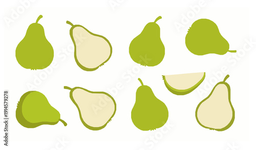 Cute ripe green pear vector set with whole and sliced fruit isolated on white background