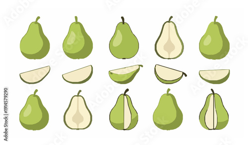 Cartoon green pear vector collection with whole and cut fruits isolated on white background
