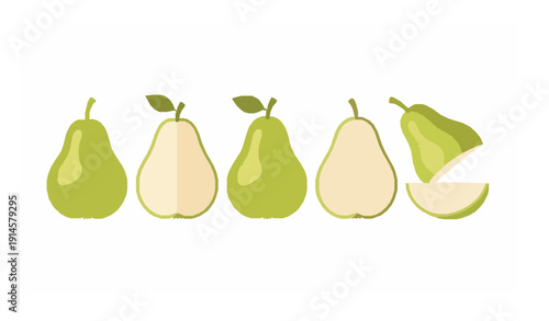 Ripe green pear flat vector set with whole and sliced fruit isolated on white background