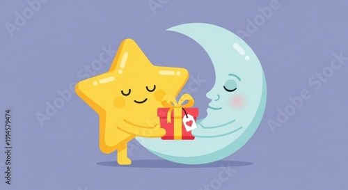 Cute Star and Moon Sharing Gift in Soft Purple Background