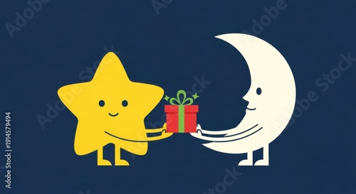 Yellow Star and White Moon Exchange Gift in Night Scene