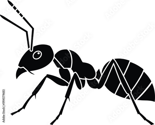Stylized ant silhouette illustration with segmented body, insect vector design for science education, pest control branding, entomology graphic art