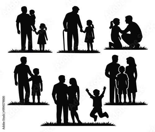Silhouette family set featuring parents, children and grandparents for illustrating generations and relationships