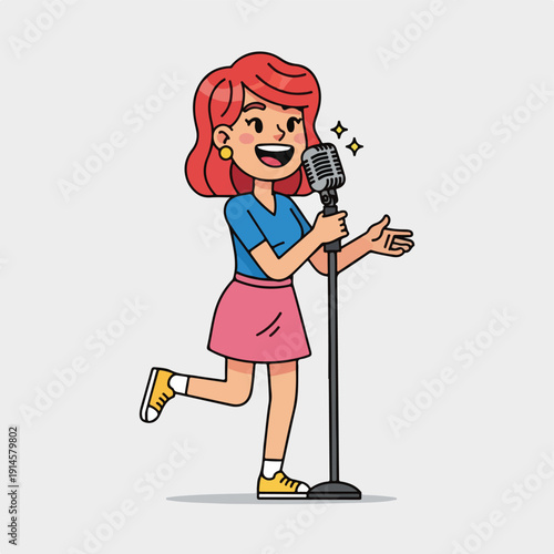 Red haired woman singing into a vintage microphone with enthusiasm
