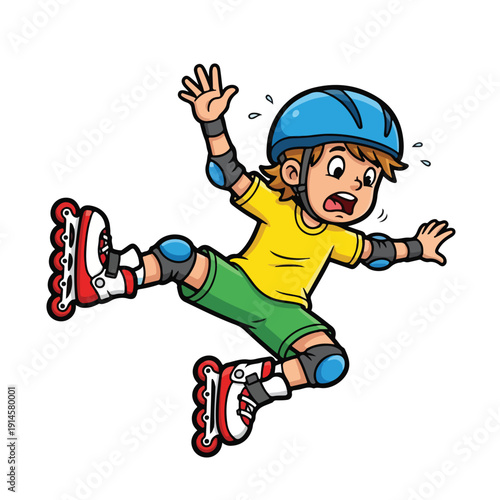 Cartoon boy falling while rollerblading with protective gear