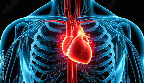 Anatomical illustration of the human heart beating within the chest cavity, highlighting circulatory system and major arteries
