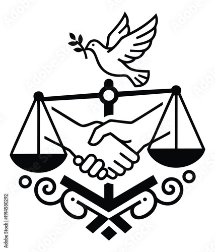 Bold line art illustration of a dove, scales of justice, and a handshake depicting peace and agreement for law and diplomacy