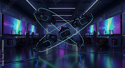 Immersive virtual reality gaming setup with multiple headsets connected by glowing lines