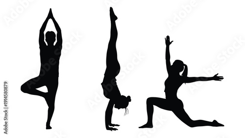 Three individuals performing various yoga poses in silhouette form isolated on white background, Vector