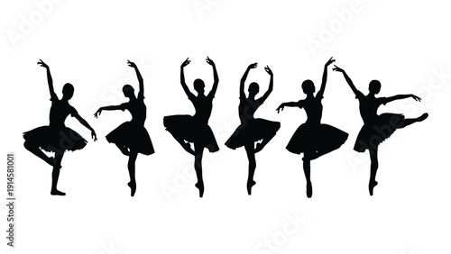 Graceful ballerinas in a line performing a dance routine with elegant poses. isolated on white background, Vector