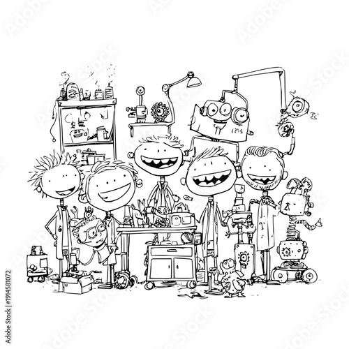 Cartoon kids with robots in workshop children illustration drawing black and white