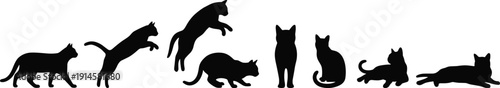 Cat silhouettes set in various poses including walking, jumping, sitting, and lying down, cad drawing flat vector illustration, isolated white background.