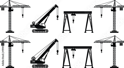 Construction crane silhouette collection featuring tower cranes, mobile crawler cranes, and gantry cranes for building sites, cad drawing flat vector illustration.