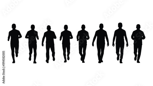 Silhouettes of eight people walking in a straight line against a white background isolated on white background, Vector