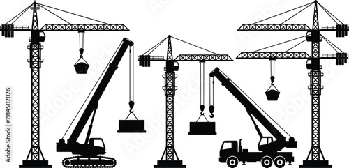Construction crane silhouette collection featuring heavy duty tower cranes and mobile truck cranes for building sites, cad drawing flat vector illustration, isolated white background.