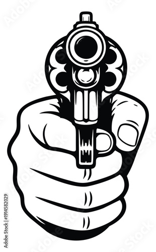 Hand drawn illustration of a hand holding a revolver depicting it pointing directly forward for a threat concept
