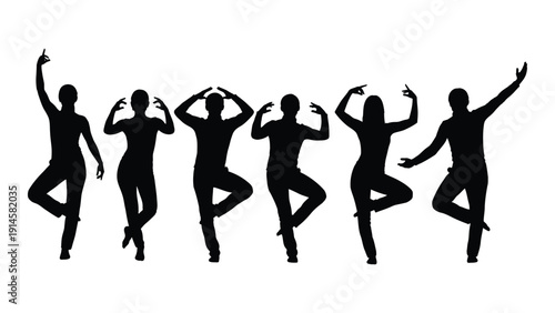Silhouettes of dancers performing various dance moves in a line. isolated on white background, Vector