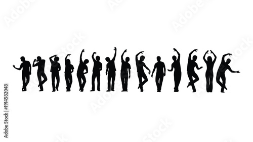 Group of people dancing in a line with various dance moves isolated on white background, Vector