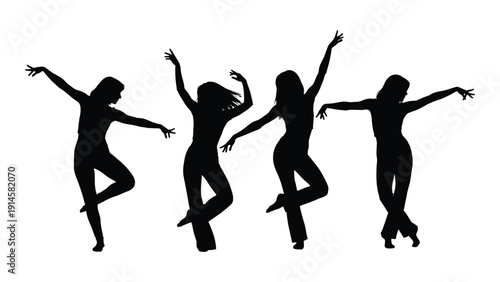 Silhouettes of five people dancing with joy and freedom. isolated on white background, Vector