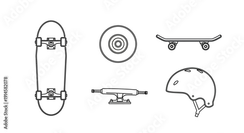 Skateboard T-Tool and Wheel with Bearing Line Art Illustration on Isolated White Background