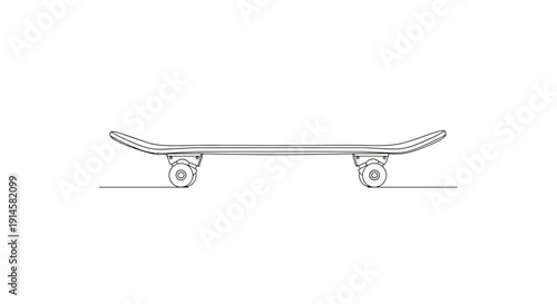 Simple Outline Drawing of Complete Skateboard Side View on Isolated White Background