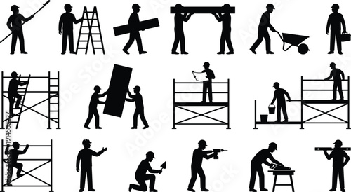 Construction worker silhouettes set featuring builders carrying materials, using tools, climbing ladders, and working on scaffolding, cad drawing flat vector illustration.