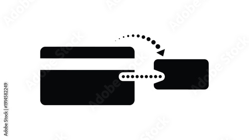 Black and white icon illustrating the secure transfer of payment information from a credit card to a digital wallet device for modern transaction concepts