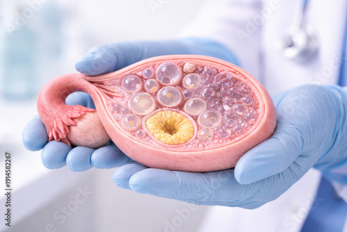 Wallpaper Mural Polycystic ovary syndrome medical model female reproductive organ ovary cyst ovarian follicle reproductive health gynecology doctor hand blue glove Torontodigital.ca