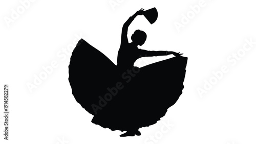 A silhouette of a dancer in a flowing dress performing a graceful ballet pose. isolated on white background, Vector