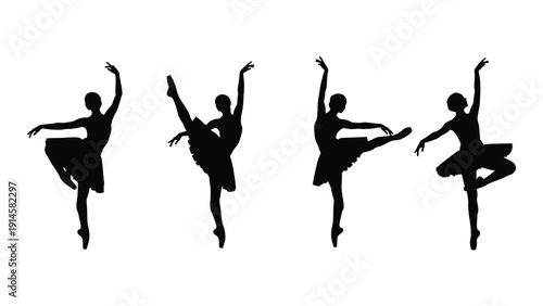 Four ballerinas in mid-performance captured in a striking black and white silhouette isolated on white background, Vector