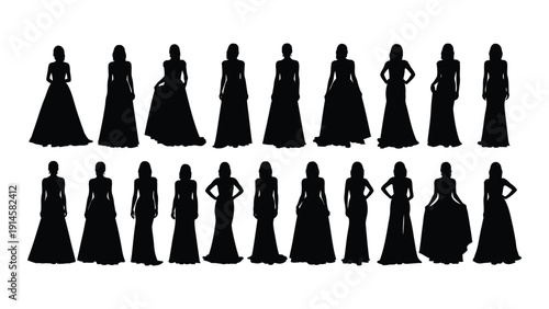 A collection of diverse silhouettes of women in elegant evening gowns isolated on white background, Vector