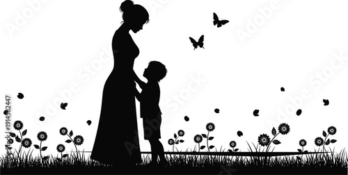 Silhouette of mother and young son standing in flower garden with butterflies, celebrating motherhood, nature beauty, family love, and peaceful spring day.