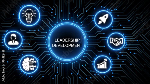 Wallpaper Mural A glowing neon leadership development concept surrounded by smaller icons for ai and manufacturing process management all connected in a digital circuit like pattern, manufacturing planning,  Torontodigital.ca