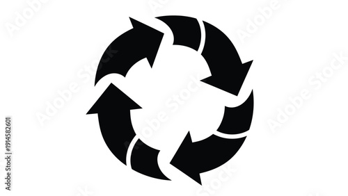 Simple black and white graphic icon representing continuous circular flow and the universal concept of sustainable recycling processes in motion