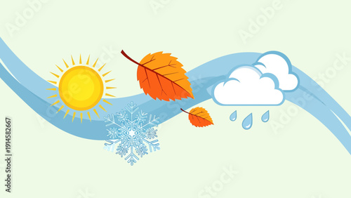 Four Seasons Weather Cycle: Sun, Snow, Autumn Leaves, Rain Clouds