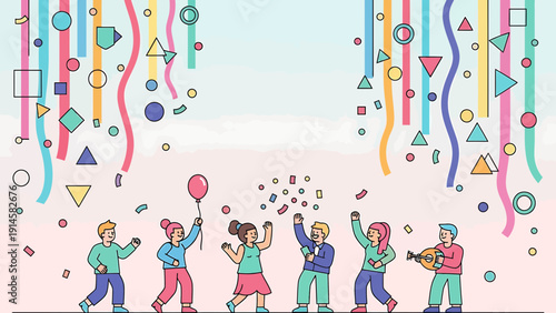 Joyful Children Dancing and Celebrating with Confetti and Balloons