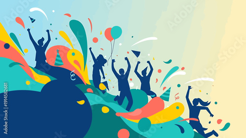 Joyful Celebration: Silhouettes of People Dancing and Cheering with Confetti and Balloons