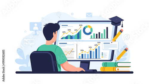 Man analyzing financial data graphs on computer screen, online learning concept