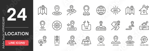 Location Line Icons Set, GPS Navigation, Map Pin and Route Finder Editable Stroke Vector Collection on White Background