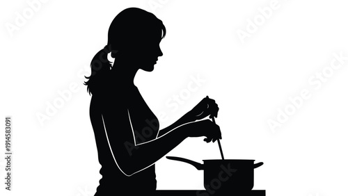 Silhouette illustration of a woman cooking food in a pot with a stirring utensil against a clean white background