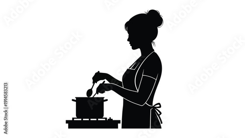 Silhouette of a woman wearing an apron cooking food in a pot placed upon a stove top illustration