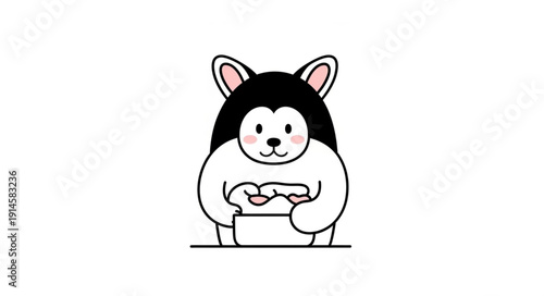 Cute cartoon husky dog playing video games.