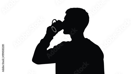 Silhouette of a man taking a refreshing drink from a mug or cup against a stark white background vector graphic