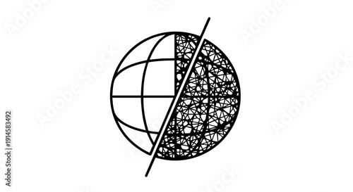 Black line divides globe with network connections and grid lines on white background