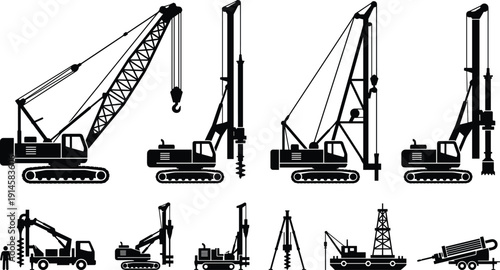 Heavy drilling rig and piling machine silhouette collection featuring foundation equipment for construction, cad drawing flat vector illustration, white background.